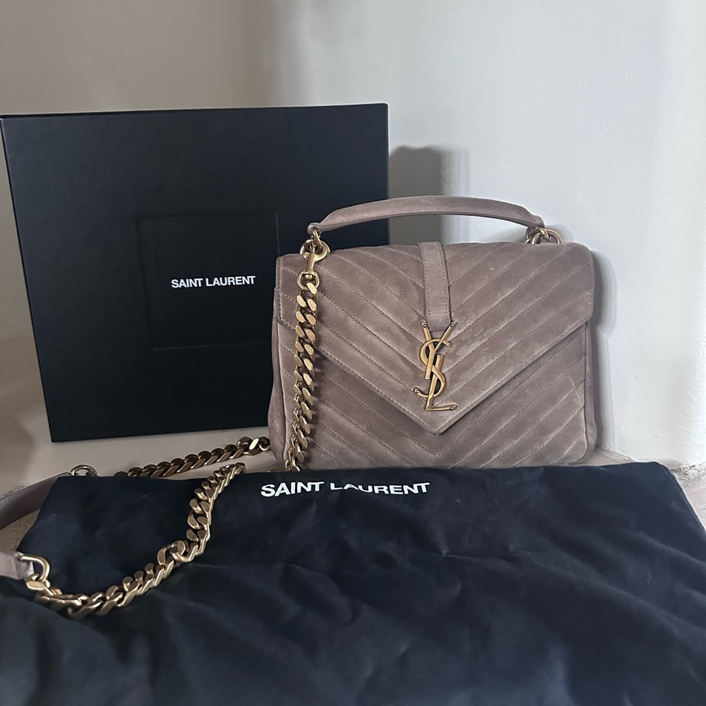 Yves Saint Laurent college satchel with crossbody strap.